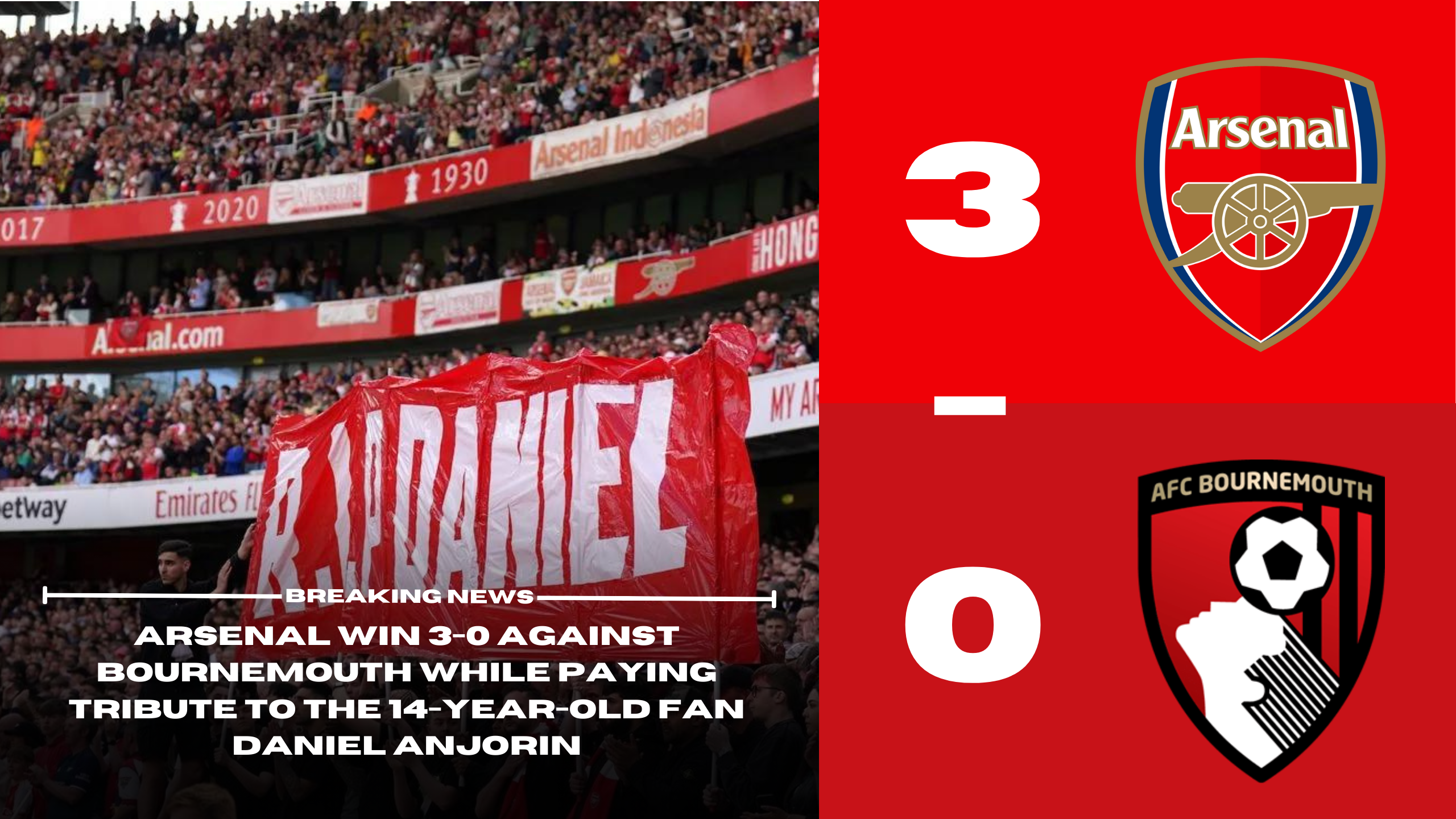 Arsenal win 3-0 against Bournemouth while paying tribute to the 14-year-old fan Daniel Anjorin 