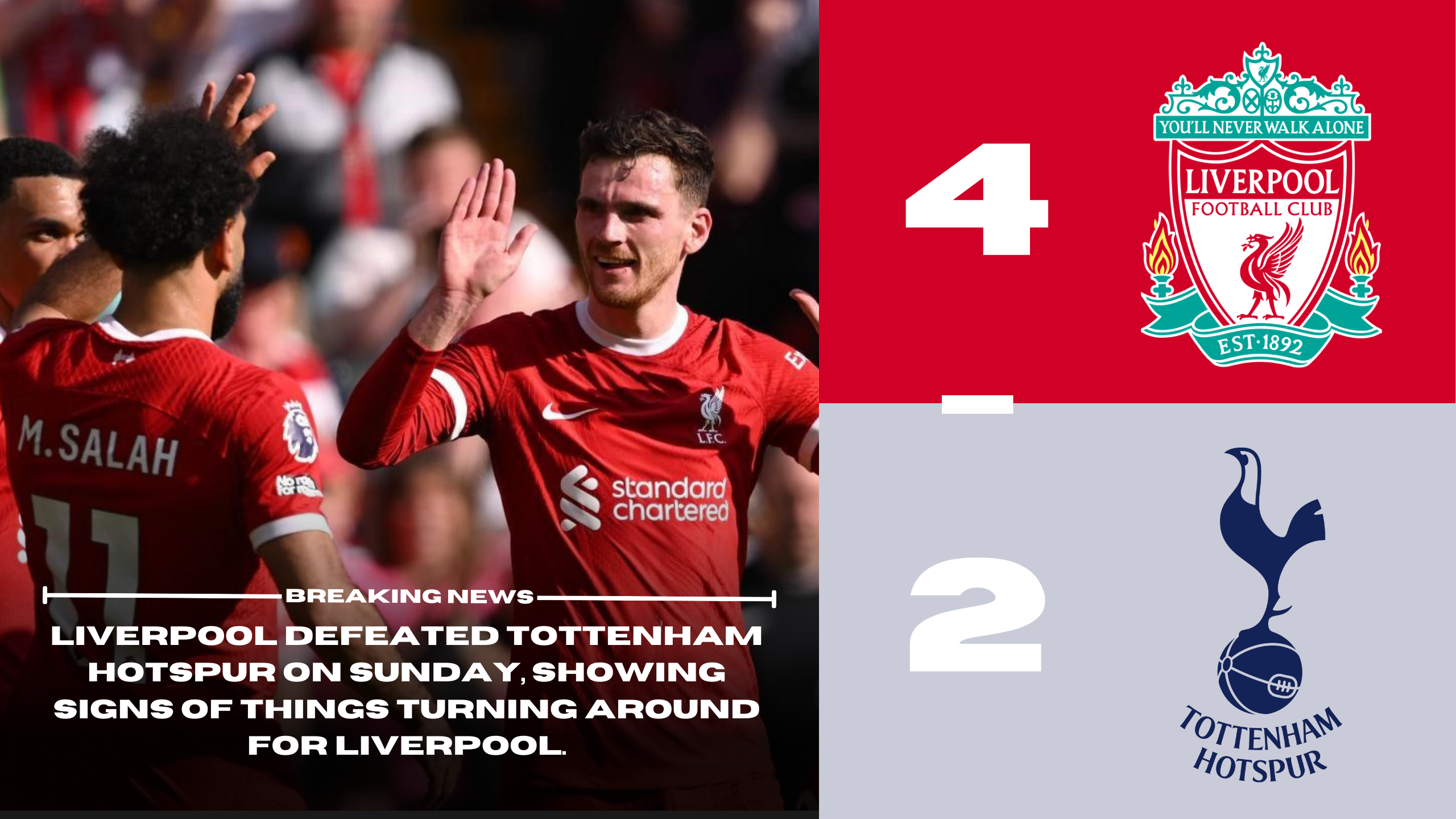 Liverpool 4 - 2 Tottenham. Liverpool dominate Tottenham showing signs of things turning around for Liverpool